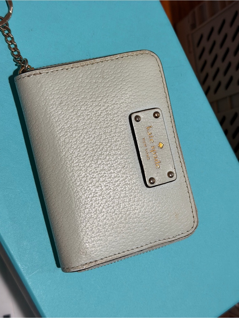 kate spade Cream Pebbled Leather Zip Card Wallet with Keychain